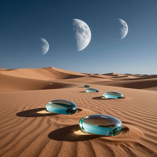 Photograph of three transparent blue glass spheres on golden sand dunes under a clear night sky with three crescent moons.