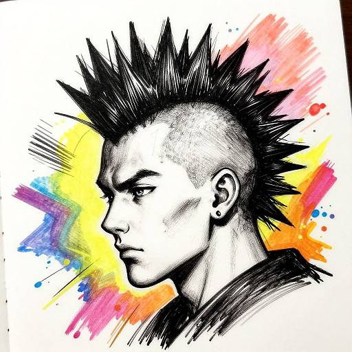 Black-and-white digital anime-style portrait of a spiky-haired man with a serious expression, against a vibrant rainbow splash background.