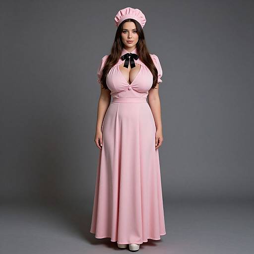Photograph of a curvy woman with long dark hair, wearing a pink maid outfit with puffed sleeves, black ribbon, and pink headpiece,