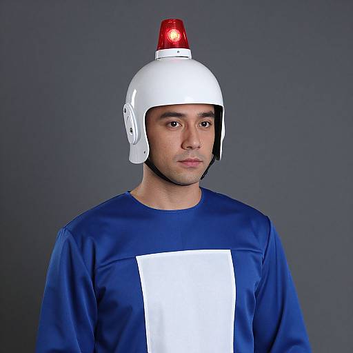 Photograph of a serious-faced man with olive skin, wearing a white helmet with a red light, and a blue shirt with a white rectangle, against