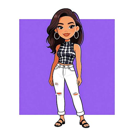 Digital cartoon of a stylish woman with medium brown skin, long black hair, hoop earrings, black sleeveless checkered top, white ripped jeans, and