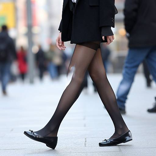Photograph of a woman's legs in black sheer pantyhose and black loafers, wearing a short black skirt and blazer, walking in a
