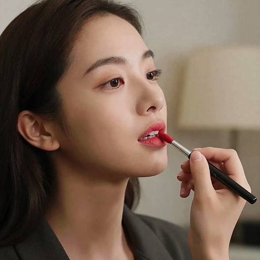 Close-Up Portrait of a Woman Applying Lipstick