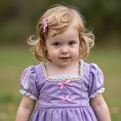 Photograph of a cute, blonde, fair-skinned toddler girl with curly hair, wearing a lavender dress with white lace trim, pink bows, and