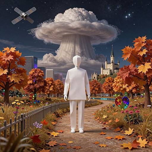 Digital art: Faceless white mannequin in suit walks down autumn path with colorful flowers, vibrant orange trees, giant cloud, castle, and drone