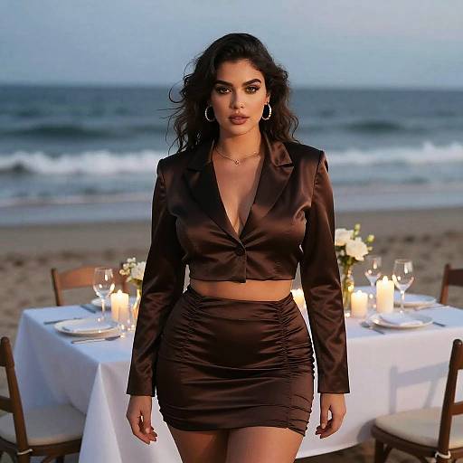 Photograph of a dark-haired woman with olive skin, wearing a black satin crop top and skirt, standing on a beach at dusk, with lit tables