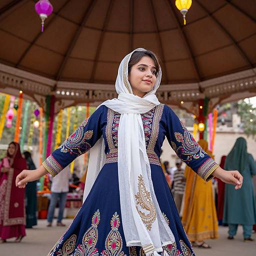 Photograph of a young South Asian girl in a navy traditional dress with colorful embroidery, white scarf, and head covering, dancing under a tent with colorful