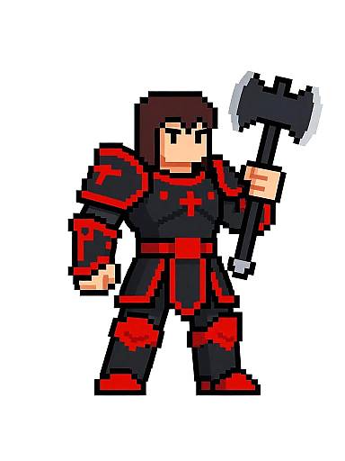 Pixel art of a male warrior with short brown hair, black and red armor, holding a large black axe, standing on a white background with a gray