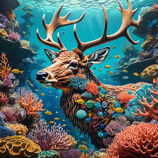 Deer Underwater in Coral Reef