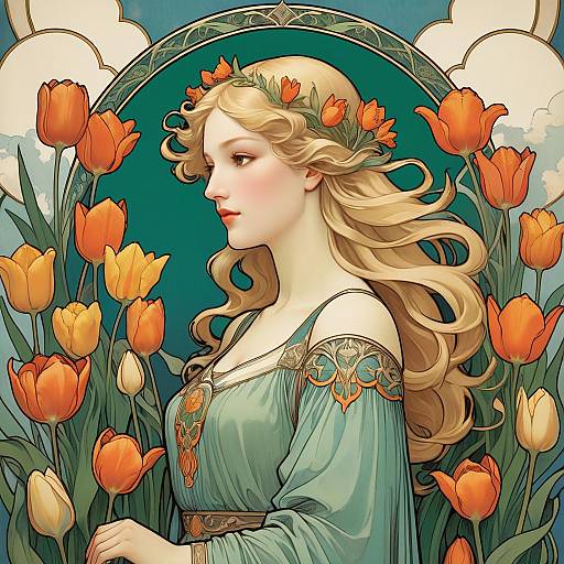 Art Nouveau Woman with Tulips