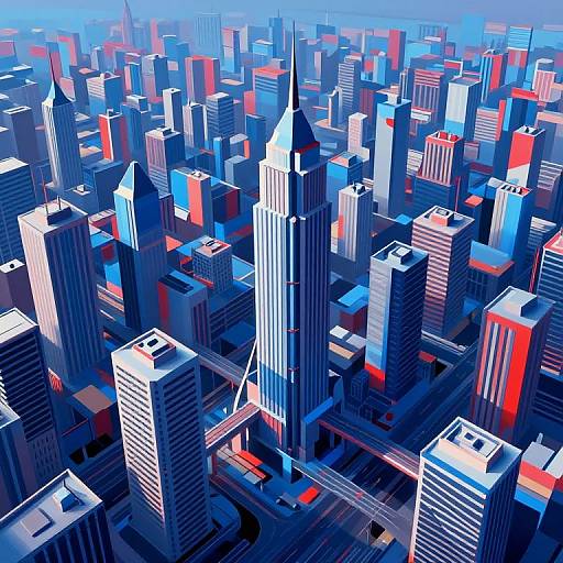 Digital artwork of a vibrant, futuristic cityscape with tall skyscrapers in shades of blue, red, and white, featuring sharp, geometric lines and