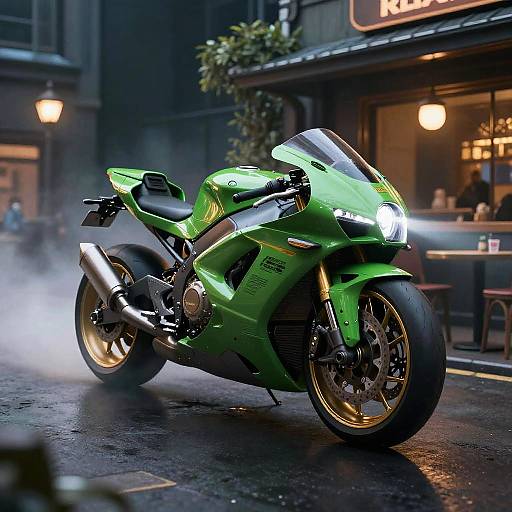 Photograph of a sleek, green sports motorcycle with glowing headlights and gold wheels, riding on a wet, foggy city street at night, with a