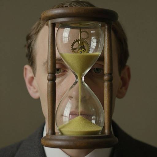 Photograph of a man with short brown hair, blue eyes, wearing a dark suit, with a wooden hourglass obscuring his face, containing yellow