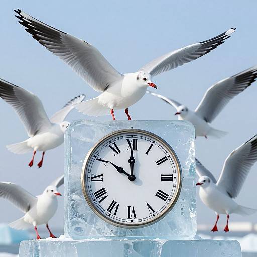 Photograph of a clear ice clock with black Roman numerals, surrounded by flying seagulls with red feet, against a blue sky background.
