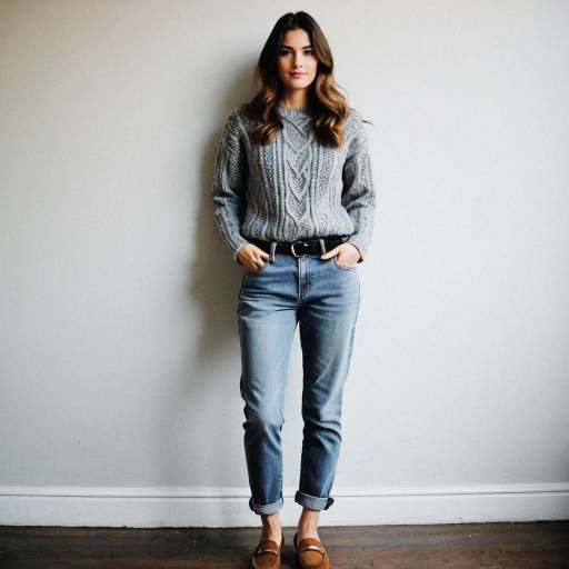 Casual Woman in Grey Sweater and Jeans
