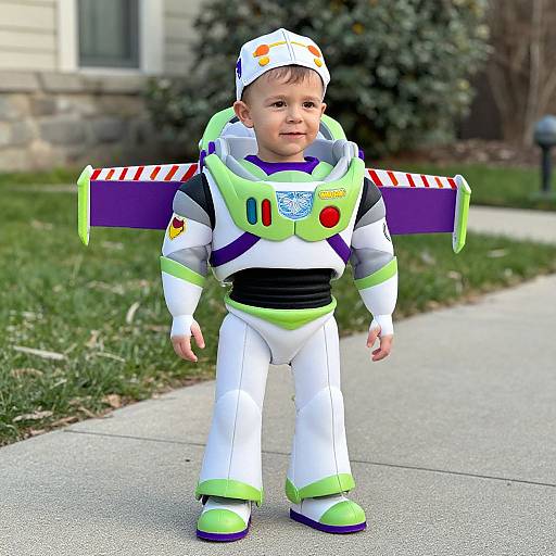 Photograph of a smiling toddler wearing a colorful Buzz Lightyear costume, standing on a concrete sidewalk with green grass and a house in the background.