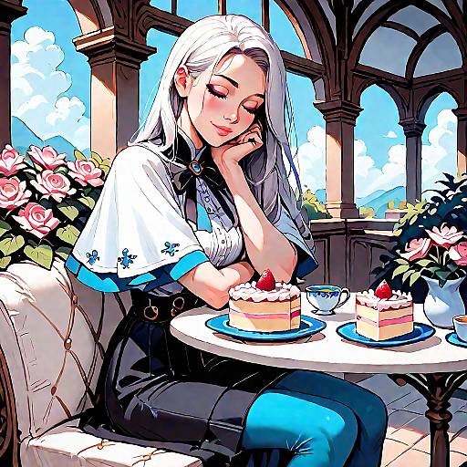 Digital anime-style illustration of a white-haired woman with closed eyes, wearing a white blouse and black skirt, enjoying cake and tea in a sunny, flower