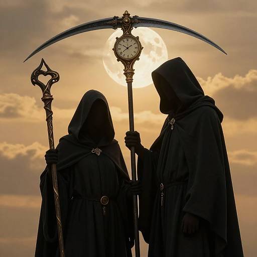 Silhouetted, hooded figures with scythe and staff, holding a clock, against a golden sunset sky, in a dramatic, gothic