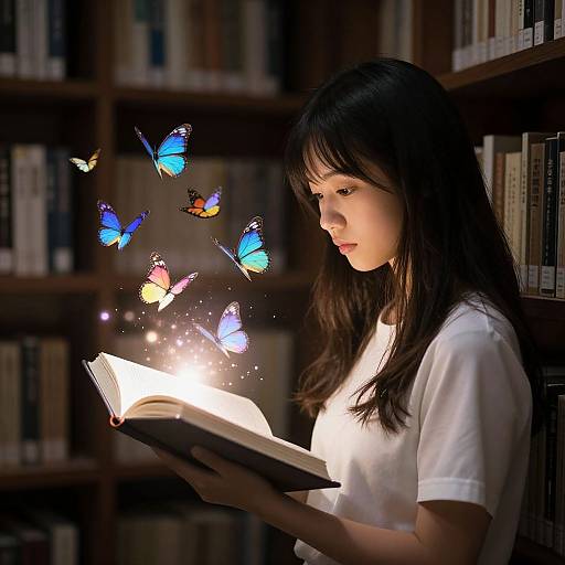 Photograph of an Asian girl with long black hair, white shirt, reading a glowing book, surrounded by bright blue and orange butterflies in a dimly