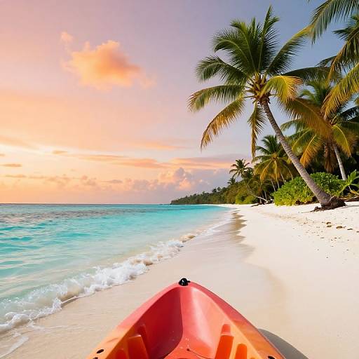 Photograph of a vibrant tropical beach at sunset, featuring a red kayak in the foreground, turquoise waves, palm trees, and a colorful sky with orange
