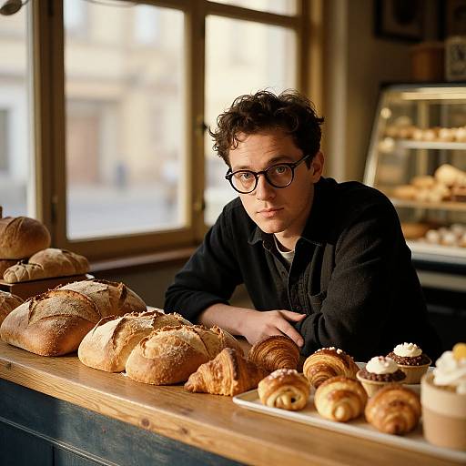 Photograph of a young man with curly brown hair, glasses, and black shirt, standing behind a wooden bakery counter with various bread and pastries,