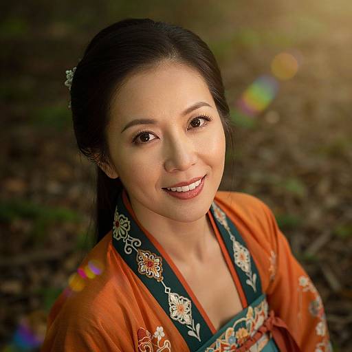 Photograph of a smiling Asian woman with dark hair in an orange kimono with floral embroidery, standing outdoors in soft sunlight.