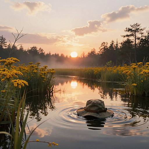 Photograph of a green hat floating in a serene, reflective pond at sunset, surrounded by yellow wildflowers and tall grass, with a dramatic orange and