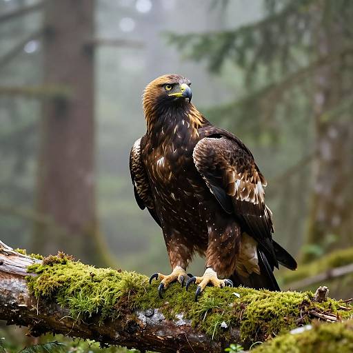 Photograph of a majestic golden-brown eagle with sharp talons and intense yellow eyes, perched on a moss-covered tree branch in a misty