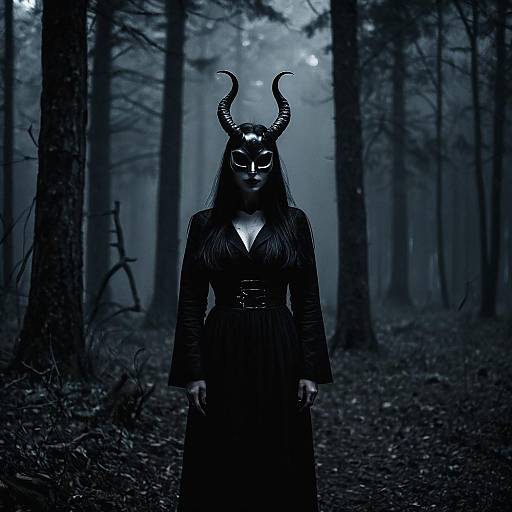 Woman in Horned Mask in Dark Forest