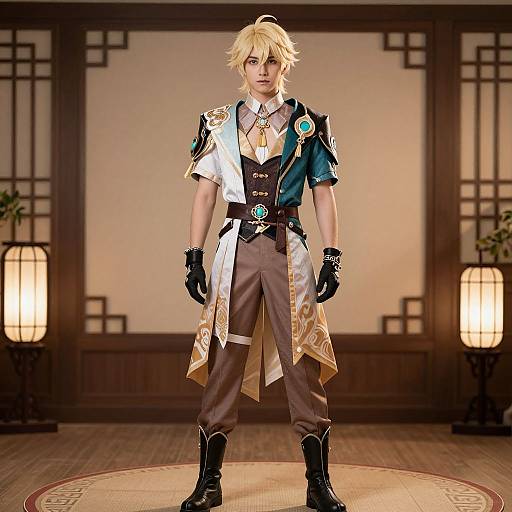 Digital artwork of a blonde, androgynous anime character in elaborate, mixed-color outfit with gold accents, black gloves, and boots, standing confidently