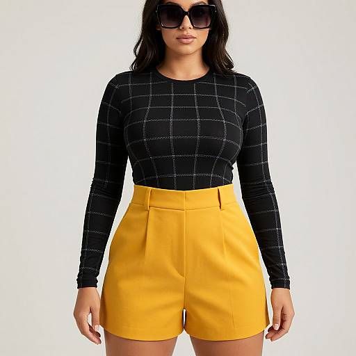 Photograph of a woman with dark hair, black checkered long-sleeve top, and high-waisted yellow shorts, wearing large black sunglasses