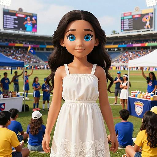 Digital CGI image of a young girl with large blue eyes, long black hair, and a white lace dress, standing in a crowded outdoor football stadium.