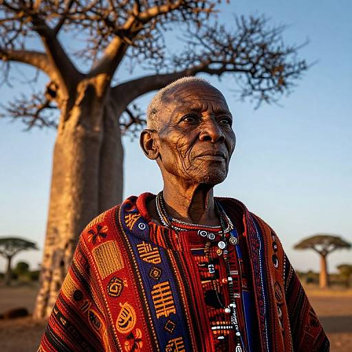 Photograph of an elderly African man with deep wrinkles, wearing a vibrant, patterned red and blue traditional garment, standing in front of a tall,
