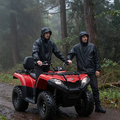 Two Men with Red ATV in Rainy Forest