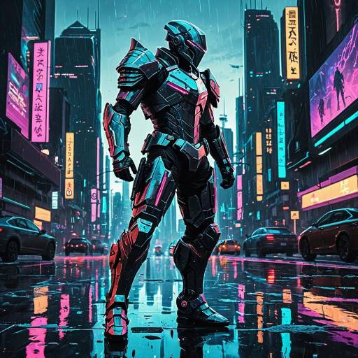 Male Android Knight in Futuristic Cyberpunk City