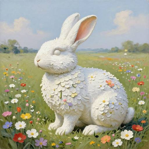 Photograph of a white, flower-sequined rabbit statue sitting in a vibrant meadow filled with colorful wildflowers and green grass, under a bright