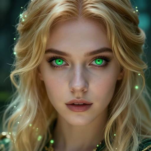 Photorealistic digital portrait of a blonde woman with striking green eyes, surrounded by glowing fairy lights, her expression calm and intense.
