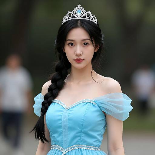 Photograph of an Asian woman with long black hair in a braid, wearing a blue off-shoulder dress and silver tiara, standing outdoors
