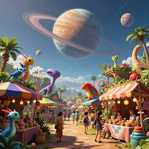 Vibrant, whimsical market scene featuring colorful, giant cartoon creatures under a ringed planet; palm trees, stalls, and shoppers in bright attire