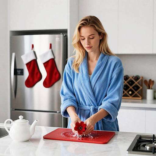 Blonde Woman in Modern Kitchen Scene