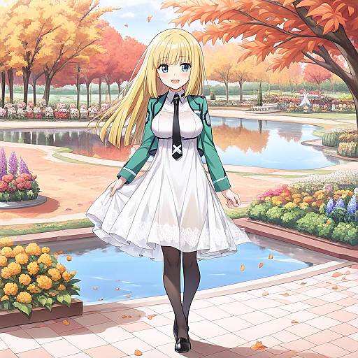 Anime-style drawing of a blonde girl with blue eyes, wearing a white dress and green jacket, walking through a colorful autumn park with a pond, flowers
