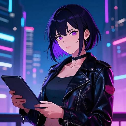 Digital anime-style drawing of a black-haired, purple-eyed woman in a black leather jacket and choker, holding a tablet, in a neon-lit