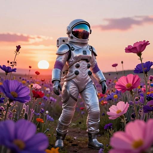 Female Astronaut in Alien Flower Field