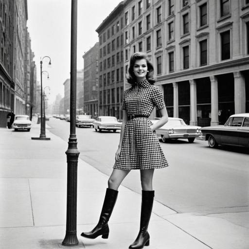 1960s Woman in Houndstooth Dress and Boots on City Street