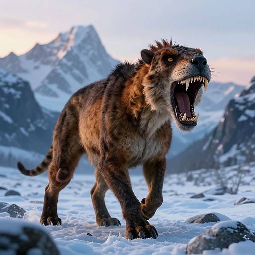 Photorealistic CGI of a roaring saber-toothed tiger with sharp teeth in a snowy mountain landscape at sunrise.