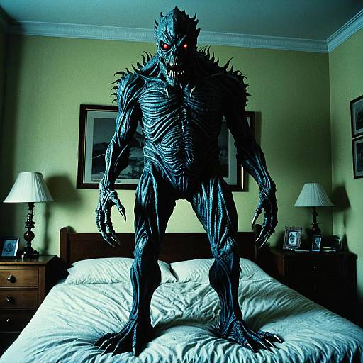 Creepy Monster Creature Standing on Bed