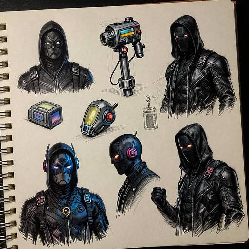 Sketch-style digital drawing of six black-clad, hooded figures with glowing eyes, wearing headphones, camera, gadgets, and badges in a spiral notebook