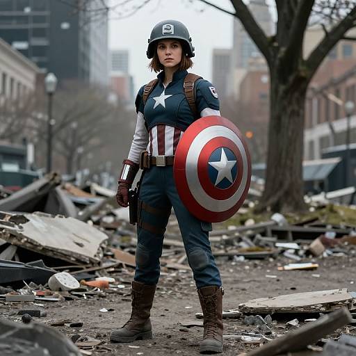 Photograph of a woman in a Captain America costume, holding a shield, standing amidst rubble in an urban, post-apocalyptic street.