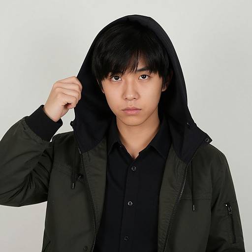 Photograph of an Asian male with black hair, wearing a black hoodie and jacket, adjusting the hood with a neutral expression against a white background.