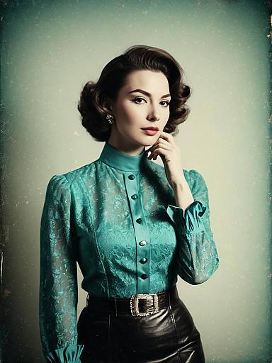Vintage Style Woman in Sheer Blouse and Leather Skirt